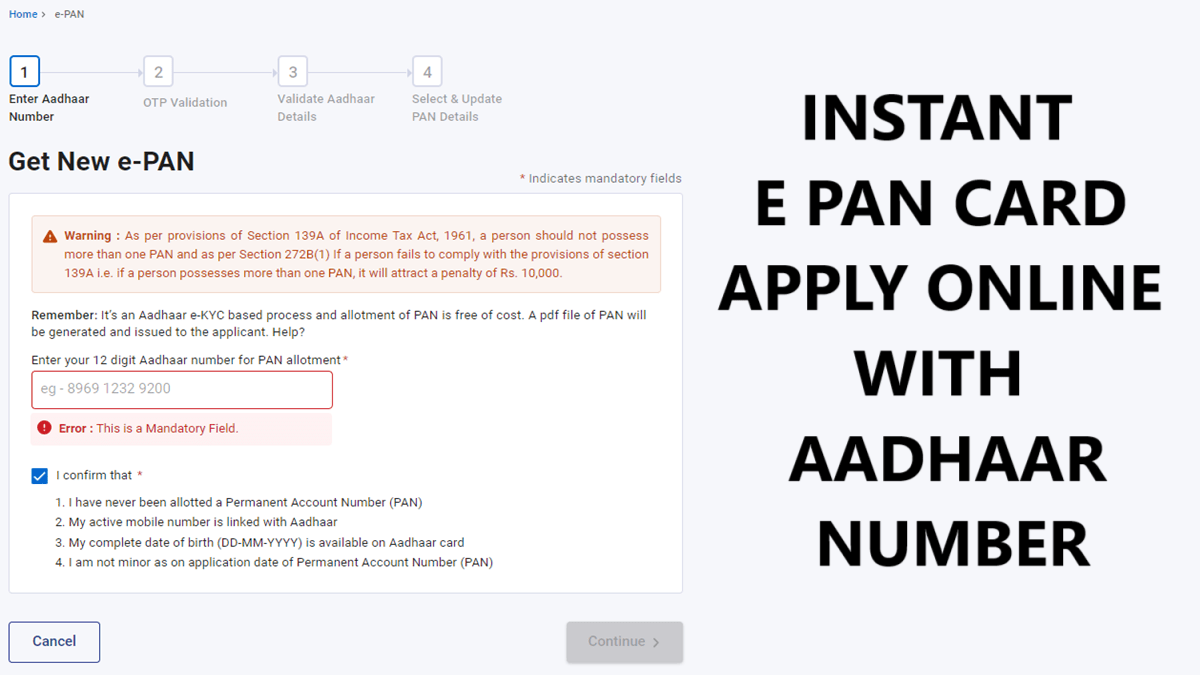 New Instant E PAN Card Apply through Aadhar